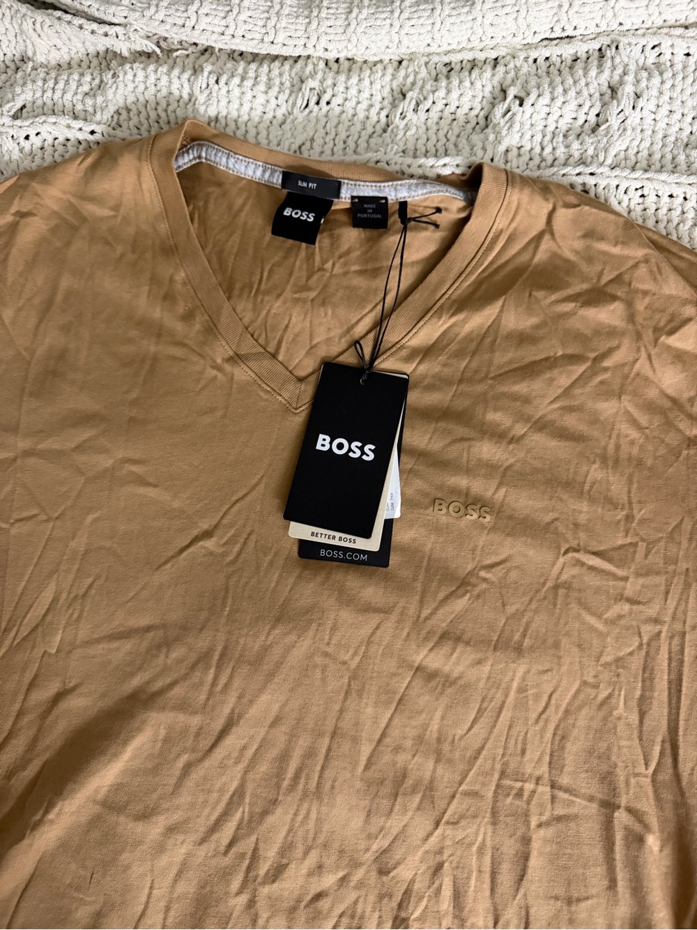 BOSS Men's V-Neck T-Shirt in Camel Brown